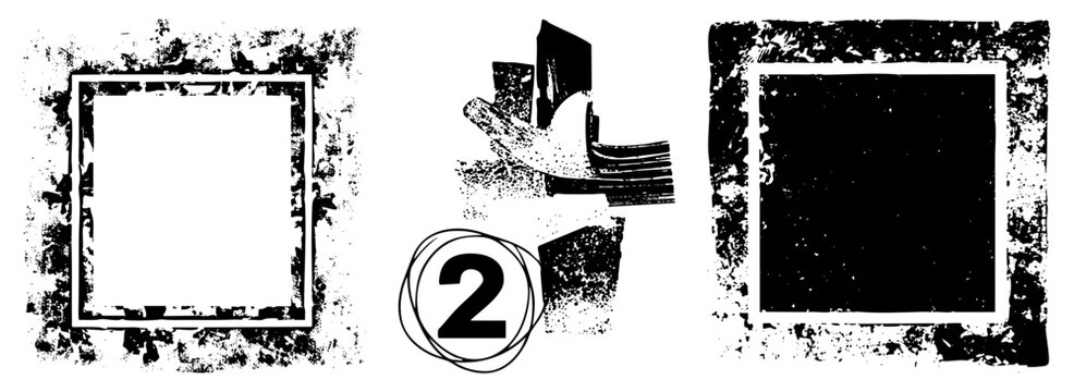 Gritty ink blot frames and rough brushwork rectangles featuring a textured stencil look. These edgy border elements and hand drawn shapes provide a raw aesthetic for creative layouts.