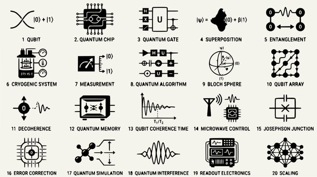 Quantum Computing Icons: Qubit, Entanglement, Superposition, Algorithms, Gates, and More