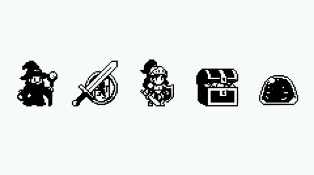 Pixel Art Game Icons: Wizard, Sword, Knight, Chest, Slime on White Background