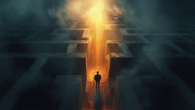 Guidance and hope concept with businessman in mystery labyrinth pathway