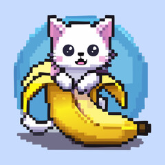 Fototapeta premium Small kitten sitting inside a peeled banana pixel art for funny tropical fruit and animal mashup designs for mobile game assets