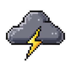Fototapeta premium Grey storm cloud with yellow lightning bolt pixel art for weather forecast icons and dramatic atmosphere environmental design elements for mobile games