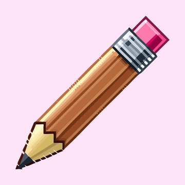 Sharp yellow pencil with eraser tip pixel art for drafting and writing software graphics and school supply catalog illustrations for students and teachers