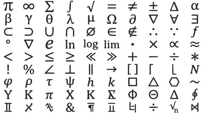 Collection of Mathematical Symbols and Greek Letters on White Background