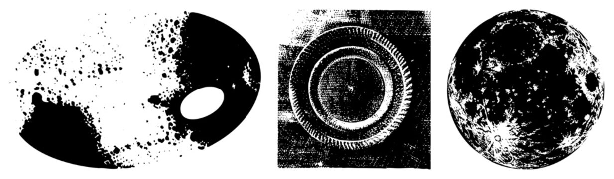 This grainy composition features a cratered lunar orb, a celestial sphere, and a textured cosmic disc. The halftone and stipple textures create a vintage astronomical aesthetic.