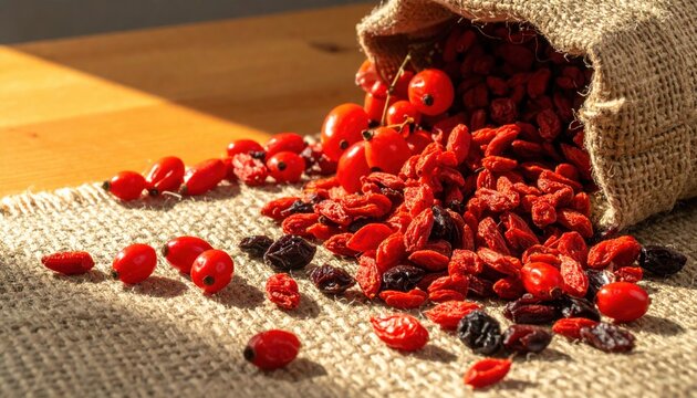 Goji Berries and Dried Fruit on Natural Burlap Fabric Background