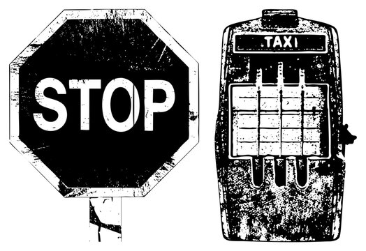 This weathered street sign and old school dispatch box feature a heavy grunge texture. The stop and communications unit show aged wear, perfect for a gritty urban aesthetic.