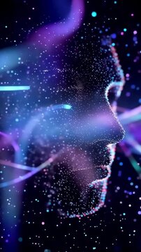 Particle face forming with neon strands, delicate pointillist profile emerges from flowing luminous filaments, cosmic color palette, dreamy abstract visualization of mind and thought