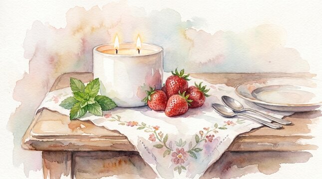 still life with strawberries and candle.