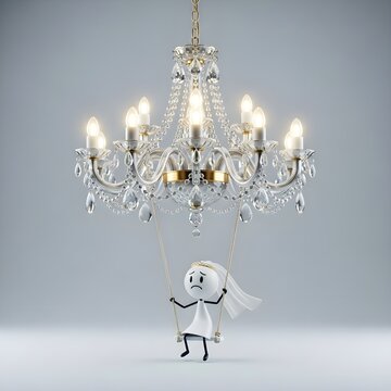 Sad bride character on a swing hanging from a crystal chandelier