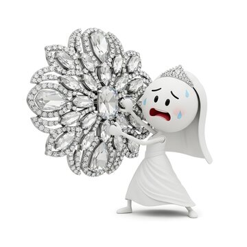 Crying bride character overwhelmed by a giant diamond brooch