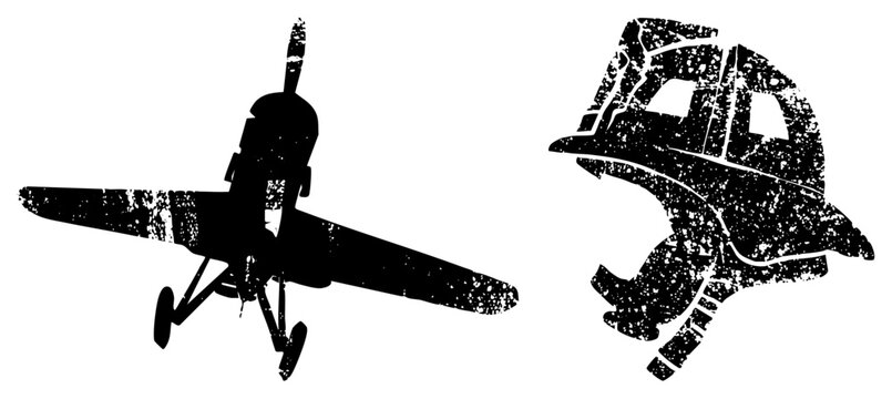 Distressed stencil of a classic biplane or crop duster alongside a rugged cap. This worn aero machine and flying headgear set captures the essence of early aviation history.