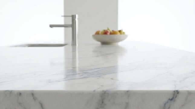 Close-up of a smooth white marble kitchen island countertop with subtle grey and blue veining, featuring a blurred background with a modern faucet and a bowl of fresh fruit.