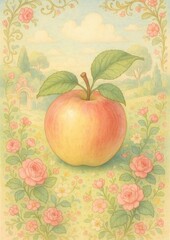 Fototapeta premium Whimsical apple garden wallpaper.