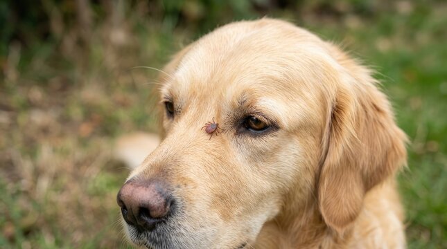 A golden retriever dog looks directly at the camera with a tick attached to its fur. The dog is outdoors in a grassy area with blurred foliage in the background.