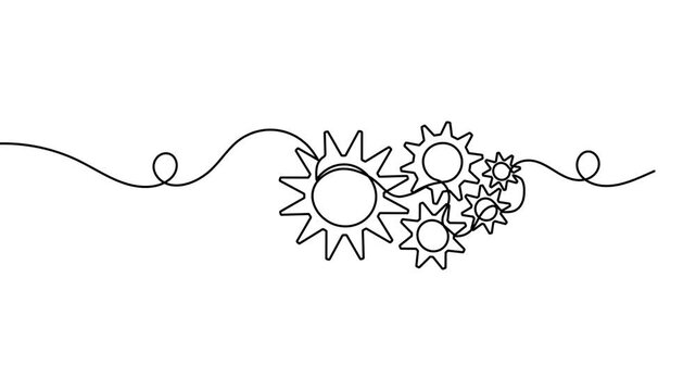 Five moving cog gear wheel sign continuous one line drawing on white background minimalist business work symbol 4k animation video