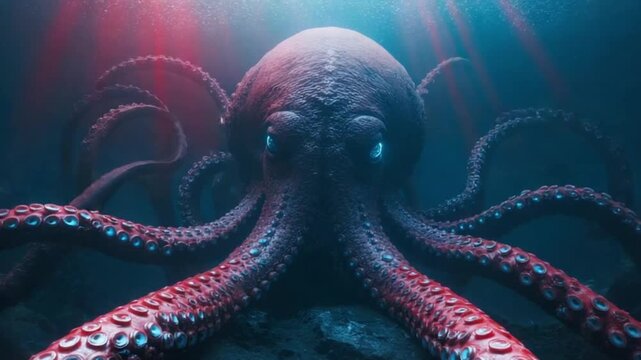 Spooky deep sea creature with massive tentacles and neon lighting