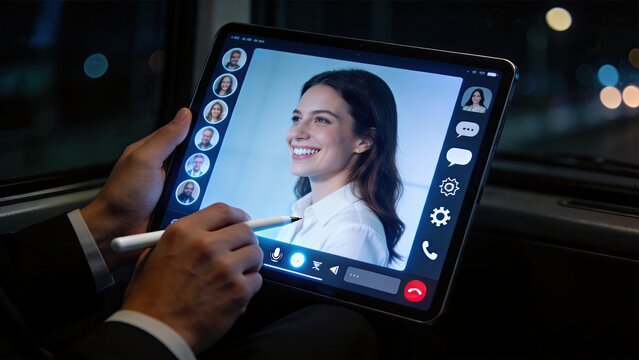Video conference call on tablet device showing business meeting with multiple participants, remote work collaboration and virtual team communication concept in night car interior.