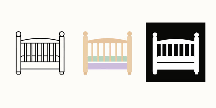 Three different baby cribs are shown in various designs and colors side by side on a plain background