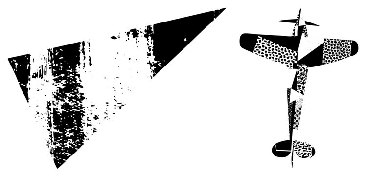 Stylized vintage flyer and prop plane featuring heavy grit textures. This piece combines a geometric bird and an old school sky glider with fragmented halftone and sharp edges.