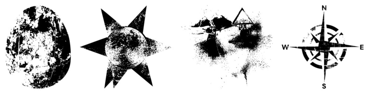 This collection features a gritty compass rose, an abstract orb, and rough textured blotches. These worn ink splatters and weathered star shapes provide a heavy punk aesthetic for design.