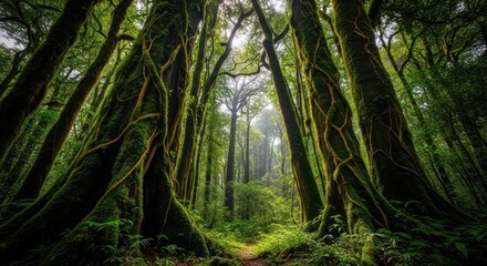 Fototapeta premium Dense Emerald Forest Path Illuminated by Soft Sunlight