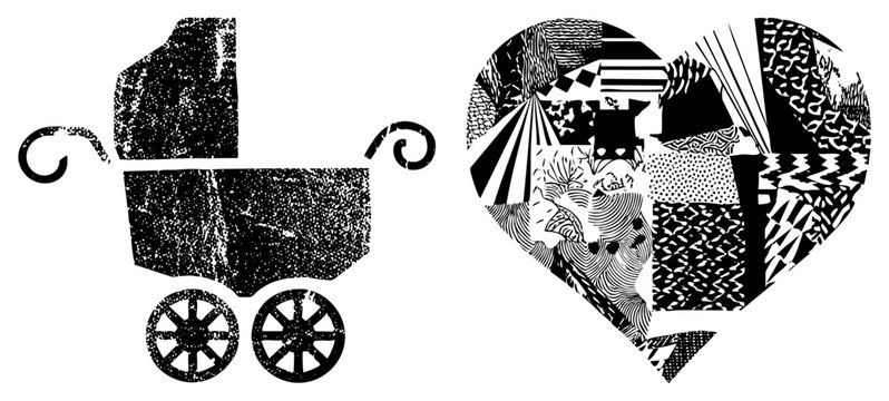 Distressed baby pram silhouette paired with a patchwork heart. This artistic set features a rustic perambulator and a collage style valentine with heavy halftone textures and organic.