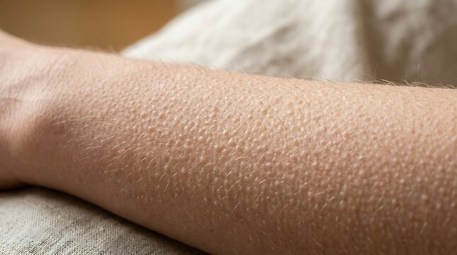 Close-up of human arm with goosebumps, a physiological reaction to cold, fear, or strong emotion, showing textured skin surface.