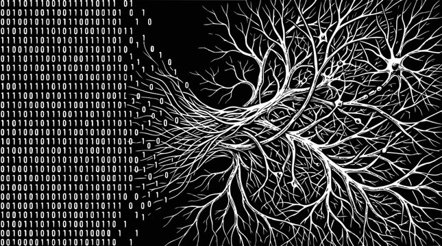 Artificial Intelligence: Neural Network merging with Binary Code, Digital Brain Concept