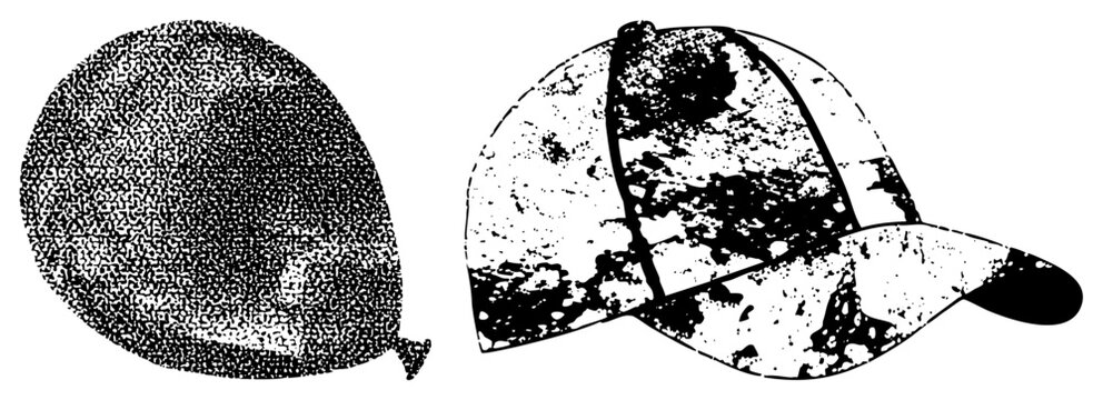 Distressed baseball cap, also known as a ball cap or lid, paired with a textured speech bubble. This vintage stippled graphic features a heavy grain effect for a worn look.