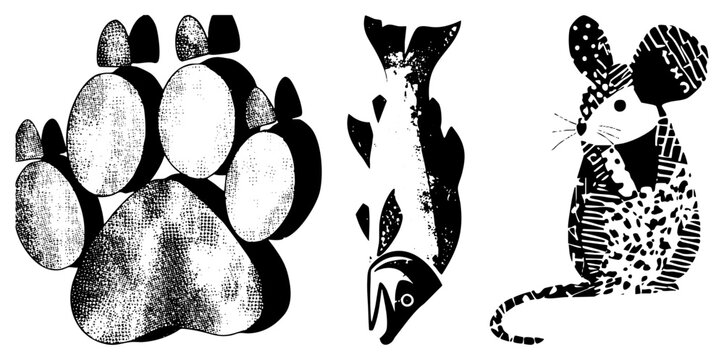 Stylized collection featuring a rugged animal track, a speckled trout, and a field mouse. These hand drawn elements use halftone textures and high contrast shapes.