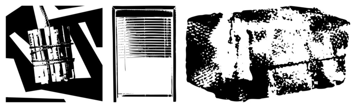 This collection features a rough bundle of sticks or kindling, a slated window blind, and a textured brick wall. These gritty elements, including a wood stack and masonry, offer a raw aesthetic.