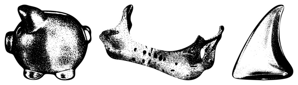 Collection of textured skeletal remains featuring a piggy bank shape, a curved jawbone, and a sharp tooth. These stippled bones and ossified remains showcase intricate dotwork.