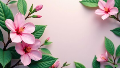 Fototapeta premium Delicate pink blossoms, lush green tropical leaves Minimalist background , pink flowers, soft, image