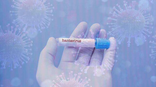 Global hantavirus concept with virus cells overlaying a world map and red warning indicators.