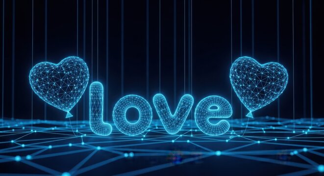 Blue digital love text with glowing heart shapes illustration