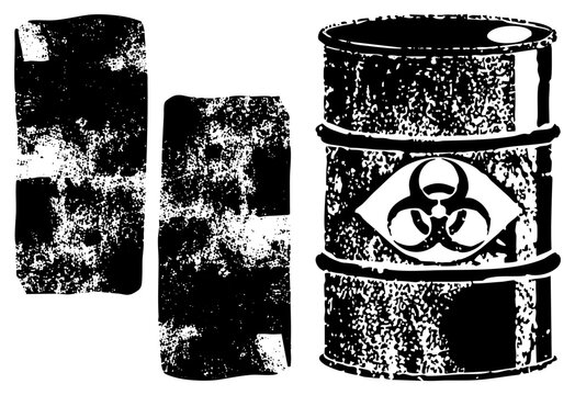 This gritty collection features a biohazard drum, also known as a toxic keg, alongside two heavily textured metal sheets. The weathered metal slabs show extreme grunge distress and wear.