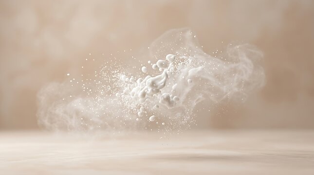 Dynamic White Powder Cloud Dispersing in Air Against Soft Beige Background, Abstract Light Explosion Effect, Studio Photography