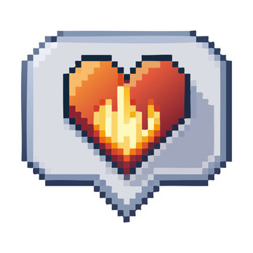 Grey chat bubble with burning heart pixel art for passionate communication icons and intense social media reaction emotes for messaging applications online