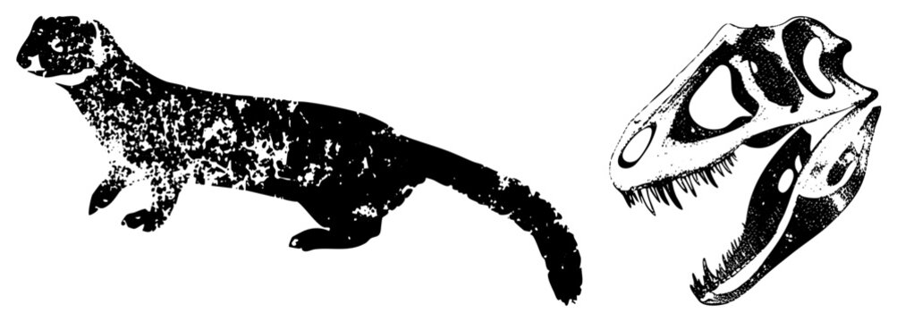 This vintage style set features a rugged weasel like creature alongside a sharp theropod. These remains and ancient silhouettes provide a textured, prehistoric aesthetic.