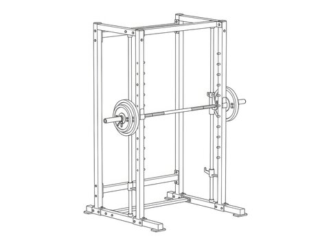 A squat rack stands against a white wall. The rack has a metal frame with multiple holes for attachments.