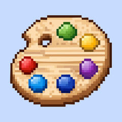 Fototapeta premium Wooden artist palette with colorful paints pixel art for creative studio logos and art school educational materials for digital painting software tutorials online