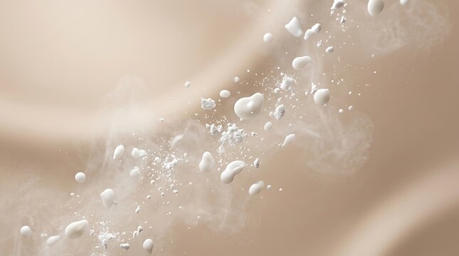Abstract Flow of White Particles and Wisps of Steam on a Soft Beige Background, Evoking Purity and Dynamic Lightness