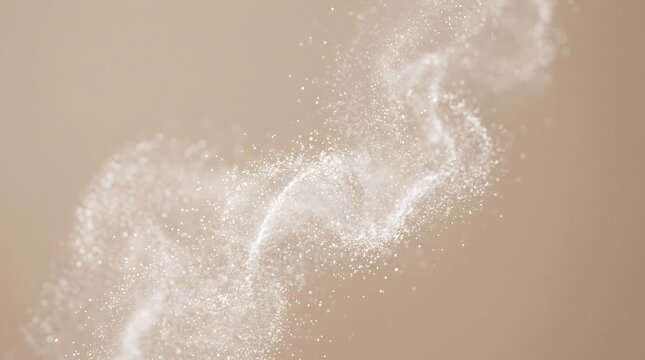 Ethereal White Particles Swirling in a Dynamic Wave on a Soft Beige Background, Creating a Serene and Abstract Motion Effect