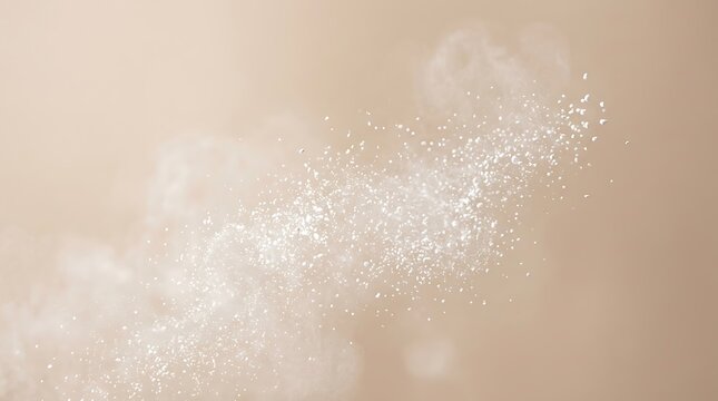 Ethereal Shimmering White Particles Floating Against Soft Beige Background; Delicate Sparkle Dust Cloud Abstract Texture
