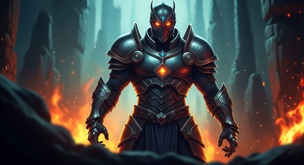 Naklejka premium Fantasy robot standing in flames dark.