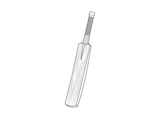 Fototapeta premium A cricket bat is depicted in a detailed black and white line drawing. The bat has a textured grip and a wooden blade with visible grain.
