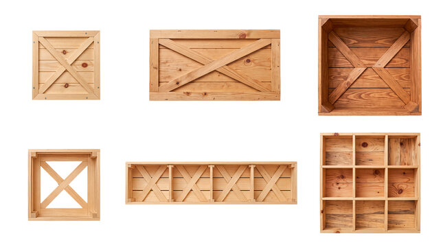 Collection of wooden crates in various forms, including open boxes and compartment designs, for storage.