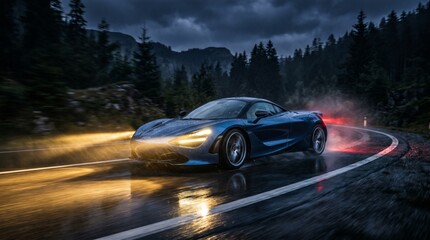 Fototapeta premium A sleek blue sports car speeds along a wet, winding mountain road at dusk.