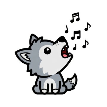 Cute Cartoon Baby Wolf Howling with Music Notes Singing Illustration